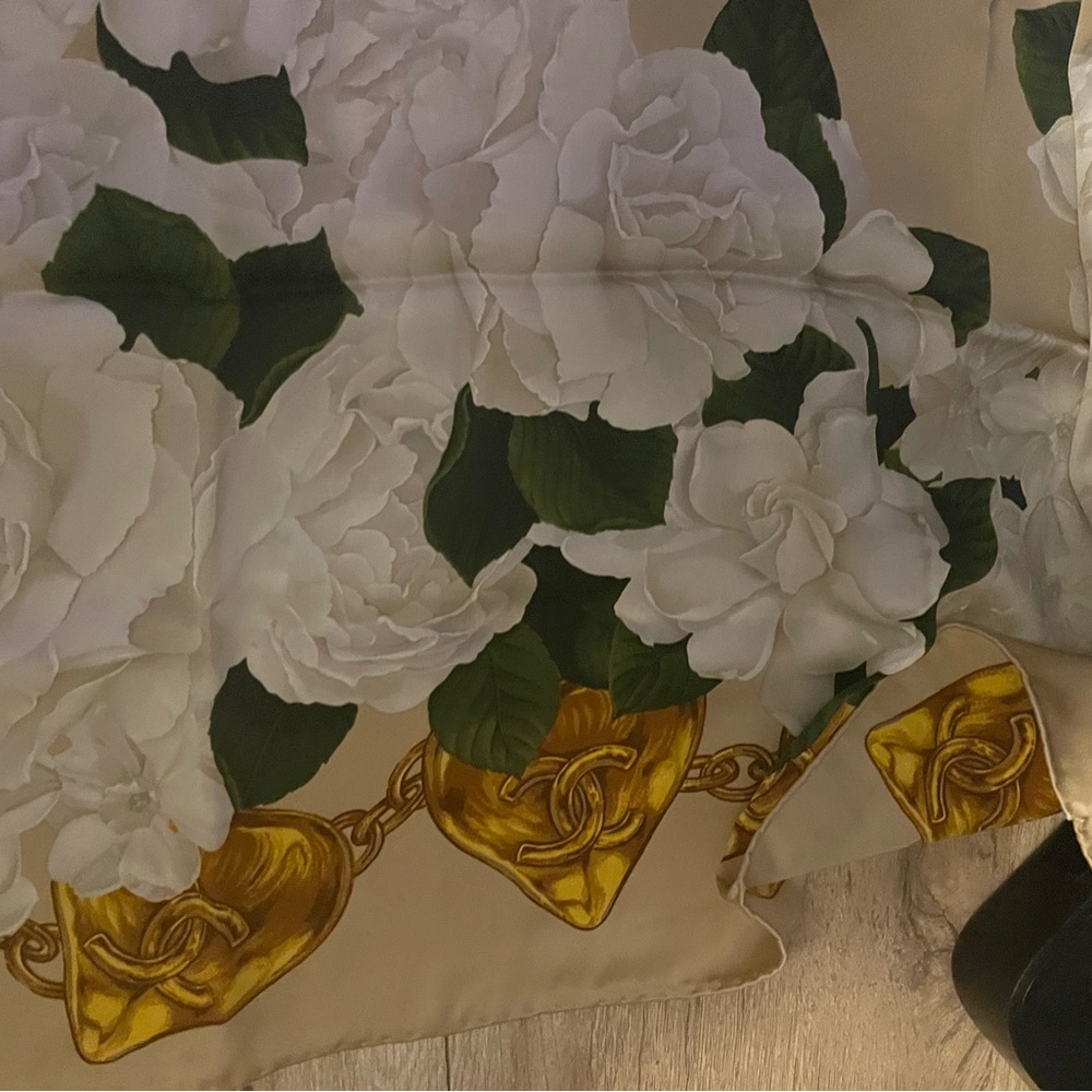 Chanel Gold and Green Floral Silk Scarf - Picture 6 of 13